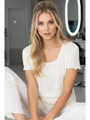 Siyah İnci Ekru Pointel Ajurlu/delikli Örme Pijama TAKIM7893