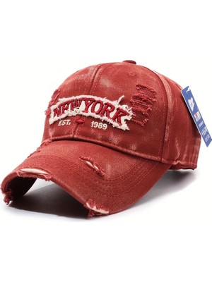 YYB Ünise Yıkanmış Pamuklu Beyzbol Şapkası  New York Nakışlı Yırtık Detaylı Vintage  4 Renk