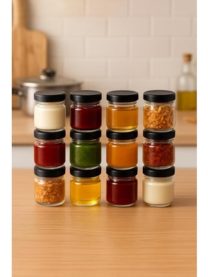 Starseven 12 Adet 40 ml Siyah Metal Kapaklı Şeffaf Numune Mama Ek Gıda Şekerleme Reçellik Küçük Cam Kavanoz