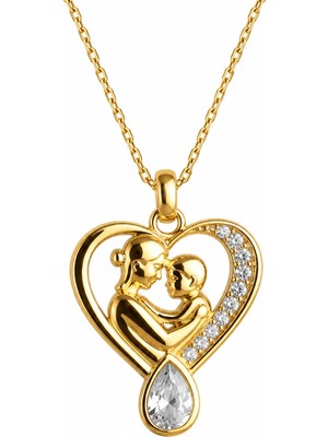 Inure Jewelry Gümüş Damla Taşlı Anne ve Bebek Kalp Kolye