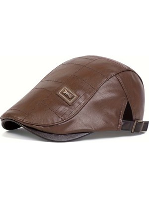YYB Erkek Suni Deri Gözlük Şapkası  Kare Dikiş Detaylı Ayarlanabilir Flat Cap  3 Renk