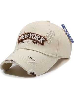 YYB Ünise Yıkanmış Pamuklu Beyzbol Şapkası  New York Nakışlı Yırtık Detaylı Vintage  4 Renk