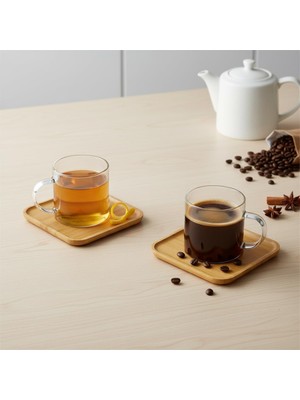 Starseven Deconox Bambu Tabaklı 2'li Cam Fincan Seti 150 ml - Yuvarlak/kare Seçenekli Borosilikat Bitki Çayı