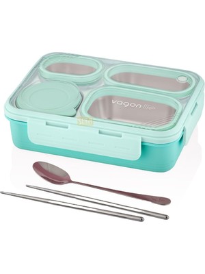 Starseven Vagonlife Bento 950ML Lunchbox Tek Katlı 4 Bölmeli Çelik Sefer Tası Yemek Kutusu (Turkuaz)