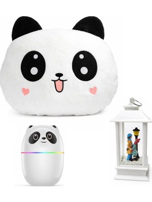 Starseven Panda Temalı Dekoratif Tasarıma Sahip Hediye Seti – Peluş Panda Yastık + Buhar Makinesi Nemlendiric
