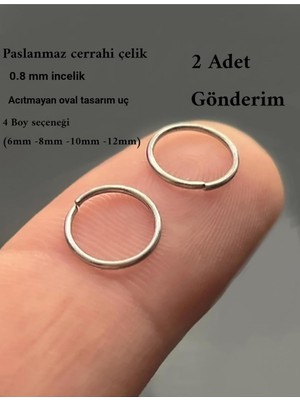 Starseven 2 Adet Ince Halka Çelik Piercing, Dudak Burun Kulak Tragus Septum, Gümüş, 8 mm