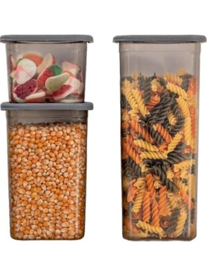 Starseven Deconox 3'lü Set Sızdırmaz Kapaklı Kare Erzak Saklama Kabı 650ML - 1300ML - 1900ML Antrasit