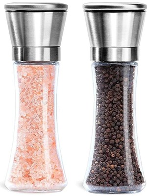 Starseven Cam Gövdeli Metal Krom Renk Kapaklı Tuz Karabiber Değirmeni Tuz Karabiber Öğütücü 19 cm 2 Adet