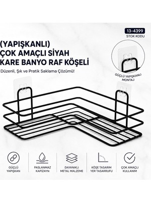 Eseno Select Yapışkanlı Çok Amaçlı Siyah Kare Banyo Raf Köşeli