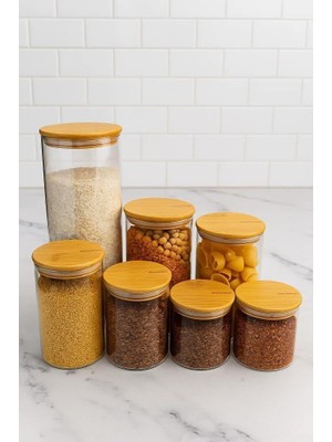 Starseven Bambum Sona - 7 Parça Bambu Kapaklı Cam Saklama Kabı