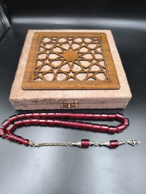 Onurlu Tesbihane Osmanlı Benzetme Sıkma Kehribar Tesbih (Bordo, 10X9 Mm)