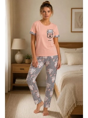 Efnaz Style Pamuklu Penye Kedi Baskılı Kısa Kollu Bisiklet Yaka Çizgili Pijama Takımı - Pudra