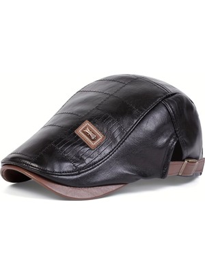 YYB Erkek Suni Deri Gözlük Şapkası  Kare Dikiş Detaylı Ayarlanabilir Flat Cap  3 Renk