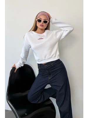 Giysa Kadın Bisiklet Yaka Teddy Bear Nakışlı Sweatshirt Beyaz - 264441