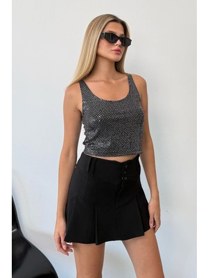 Giysa Kadın Kalın Askılı Pullu Crop Bluz Siyah - 2723