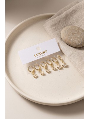 Eseno Select Yıldız Zirkon Taşlı Gold Renk Pirinç Set Küpe