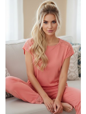 Siyah İnci Somon Soft Touch Ince Mevsimlik Dantel Detaylı Örme Pijama TAKIM7864
