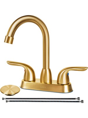 Starseven Soka 2 Kulplu Banyo Bataryası Altın, 10 cm Altın Banyo Lavabo Bataryası Kaldırma Çubuğu Tahliye Dur