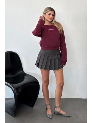 Giysa Kadın Bisiklet Yaka Teddy Bear Nakışlı Sweatshirt Bordo - 264441