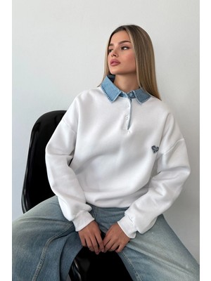 Giysa Kadın Kot Yaka Detaylı Fiyonk nakışlı Sweatshirt Beyaz - 264433