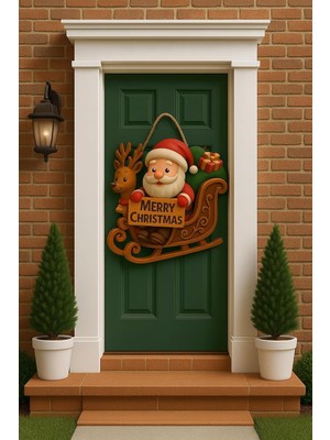 Starseven Noel Babalı Kızaklı Hediye Paketli Yılbaşı Geyikli Kapı Süsü Ahşap Noel Kapı Süsü Yılbaşı Mazemeler