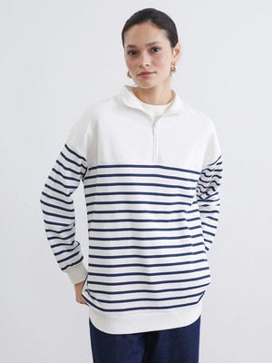 Lc Waikiki Yeni Sezon Dik Yaka Çizgili Kadın Kalın Sweatshirt Tunik