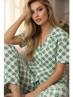 Siyah İnci Yeşil Papatya Desenli Pamuklu Düğmeli Biyeli Örme Pijama TAKIM7886
