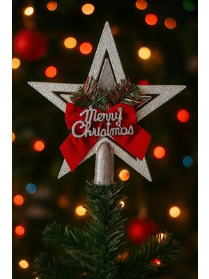 Starseven Yılbaşı Ağacı Yıldızı Gold Kurdelalı Merry Christmas Yazılı Yılbaşı Süsü Gümüş