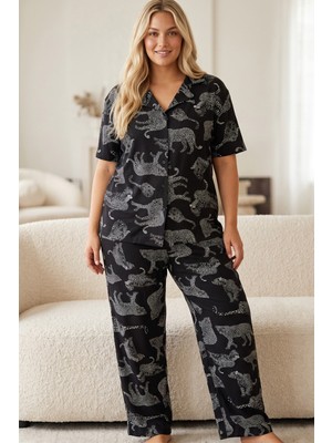 Siyah İnci Siyah Beyaz Kaplan Leopar Baskılı Büyük Beden Battal Boy Düğmeli Örme Pijama Takım