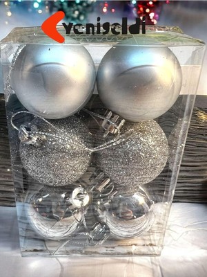Starseven Yenigeldi 6 Adet Gümüş Renk 5 cm Yılbaşı Topu, Noel Topu, Çam Ağacı Topu, Süs Topu T-48, Gümüş