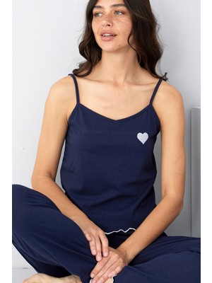 Siyah İnci Lacivert Kalp Nakışlı Ip Askılı Örme Pijama TAKIM7883