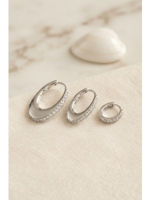 SHC4200 Gümüş Renk Oval Halka Model Zirkon Taşlı 3 Lü Küpe Set TJ-BKP11975
