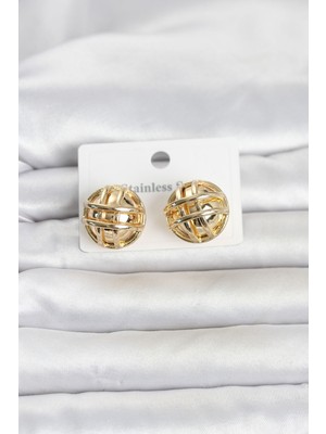 SHC4200 316L Çelik Gold Renk Desenli Top Model Kadın Küpe TJ-BKP11811