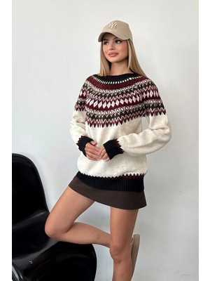 Giysa Kadın Bisiklet Yaka Desenli Triko Kazak Taş - 2552 