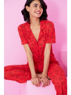 Siyah İnci Kırmızı Siyah Kalp Desenli Pointel Ajurlu/delikli Gömlek Yaka Örme Düğmeli Pijama Takım