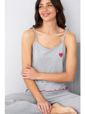 Siyah İnci Gri Kalp Nakışlı Ip Askılı Örme Pijama TAKIM7883