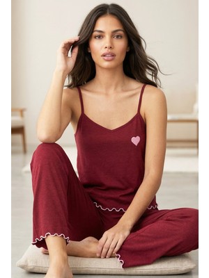 Siyah İnci Bordo Kalp Nakışlı Ip Askılı Örme Pijama TAKIM7883