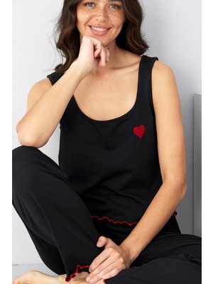 Siyah İnci Siyah Kalp Nakışlı Kalın Askılı Örme Pijama TAKIM7884