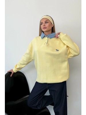 Giysa Kadın Kot Yaka Detaylı Fiyonk nakışlı Sweatshirt Sarı - 264433