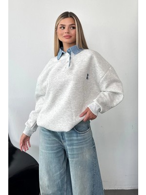 Giysa Kadın Kot Yaka Detaylı Ayıcık Nakışlı Sweatshirt Gri - 264432