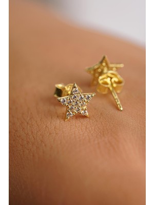Fiyonk Kuyumculuk 14 Ayar Altın Swarovski Taşlı Büyük Yıldız Küpe