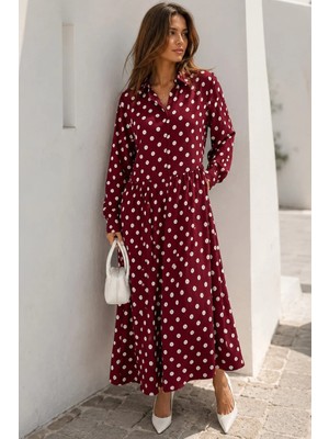 Bordo Uzun Kollu Düğmeli Desenli Elbise MG2430