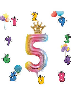 Starseven Patladı Gitti 5 Rakam Gökkuşağı Rakam Folyo 32"-34" Inc Kral Tacı Folyo 10 Inc