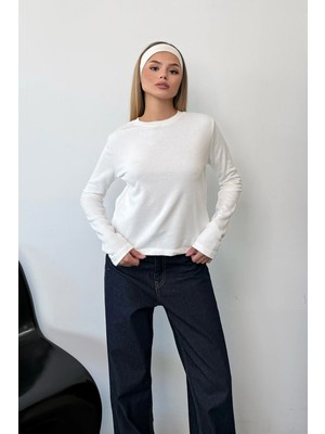 Giysa Kadın Bisiklet Yaka Uzun Kollu Basic Sweatshirt Beyaz - MS0001428