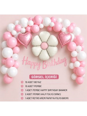 Çavuş E-Ticaret Retro Krem Papatya ve Pembe Kalp Temalı Doğum Günü Seti Papatya Kalp Parti Seti Papatya Kalp Konsept