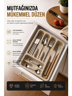 Starseven Sas Haus 6 Bölmeli Çekmece Içi Kaşıklık, Plastik Çatal Organizeri, Mutfak Düzenleyici Bej S-1
