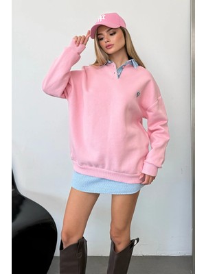 Giysa Kadın Kot Yaka Detaylı Fiyonk nakışlı Sweatshirt Pembe - 264433