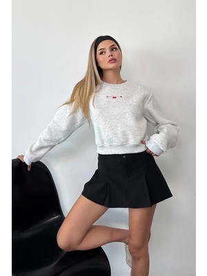 Giysa Kadın Bisiklet Yaka Teddy Bear Nakışlı Sweatshirt Gri - 264441