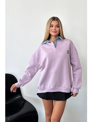Giysa Kadın Kot Yaka Detaylı Ayıcık Nakışlı Sweatshirt Mor - 264432