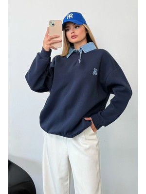 Giysa Kadın Kot Yaka Detaylı Ayıcık Nakışlı Sweatshirt Lacivert - 264432